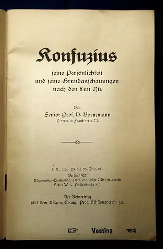 Bornemann Der Buddhismus und seine Bedeutung, Konfuzius 2 Hefte 1914 js