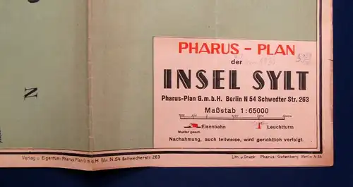 Pharus- Plan der Insel Sylt Maßstab 1:65000 koloriert 61x30  um 1930 Guide js