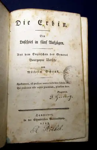 Schenk Die Erbin Ein Lustspiel in fünf Aufzügen 1788 Erzählungen js