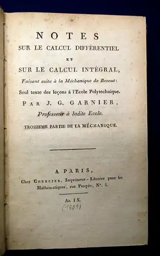 Garnier Notes Sur le Calcul Differentiel 1801 Integral/ Differentialrechnung js