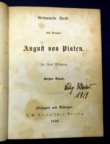 Platen Gesammelte Werke des Grafen 5 Bde komplett 1848 Belletristik mb