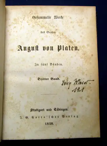 Platen Gesammelte Werke des Grafen 5 Bde komplett 1848 Belletristik mb