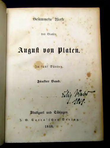 Platen Gesammelte Werke des Grafen 5 Bde komplett 1848 Belletristik mb