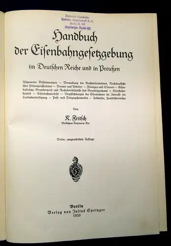 Fritsch Handbuch der Eisenbahngesetzgebung im deutschen Reiche u. Preußen 1900 j