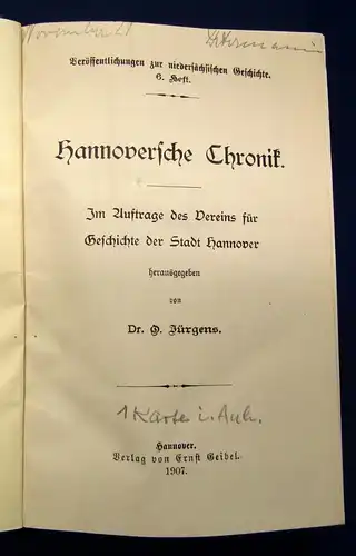 Jürgens Hannoversche Chronik 1907 mit 1 Karte Geographie Ortskunde js