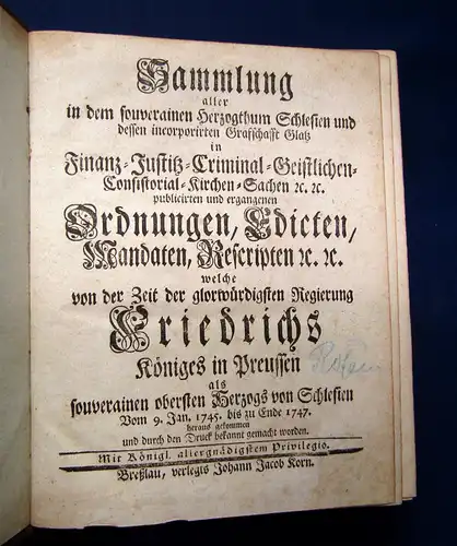 Schlesische Edicten Sammlung 1745-1747 Geschichte Theologie 2. Band apart mb