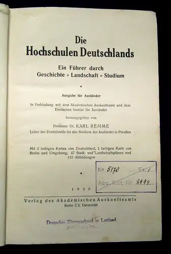 Remme De Hochschulen Deutschlands Ausgabe für Ausländer 1926 Geschichte js