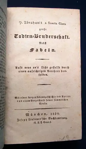 Abrahams a Sancta Clara große Todtenbruderschaft nebst Fabeln 1829 Selten mb