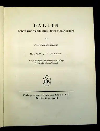 Stubmann Ballin Leben und Werk eines deutschen Reeders 1926 mit Abb. js