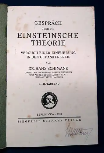 Schimank Gespräch über die Einsteinsche Theorie 1920 Versuch einer Einführung js