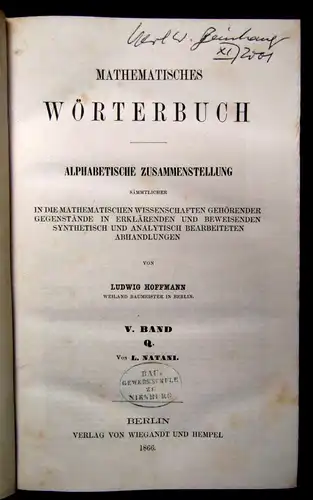 Hoffmann Mathematisches Wörterbuch Alphabetisch Mischauflage 1858-1861 js