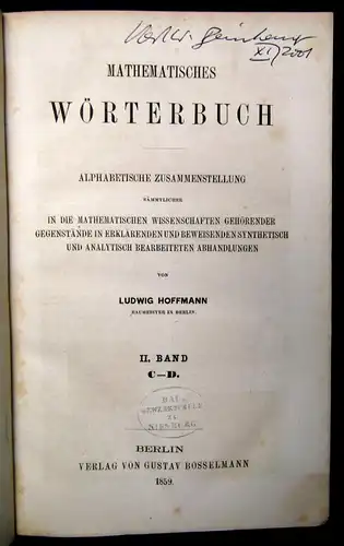 Hoffmann Mathematisches Wörterbuch Alphabetisch Mischauflage 1858-1861 js