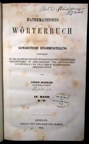 Hoffmann Mathematisches Wörterbuch Alphabetisch Mischauflage 1858-1861 js