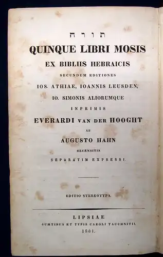 Hooght Quinque Libri Mosis Ex Libris Hebraicis Secundum Editiones 1861 js