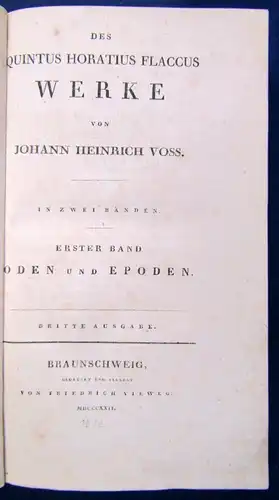 Voss Des Quintus Horatius Flaccus Werke 1.Bd. Oden und Episoden 1822 js