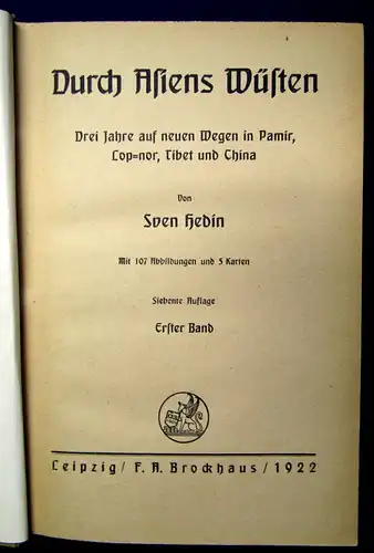 Hedin Sven Durch Asiens Wüsten Drei Jahre auf neuen Wegen 2 Bde. 1922 js