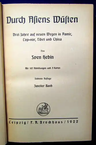 Hedin Sven Durch Asiens Wüsten Drei Jahre auf neuen Wegen 2 Bde. 1922 js