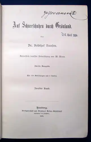 Nansen Auf Schneeschuhen durch Grönland 2.Bd. apart 1898 selten Abenteuer js