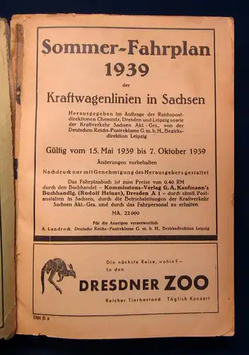 Kraftkursbuch für Sachsen Sommer 1939 Kraftwagenlinien in Sachsen js