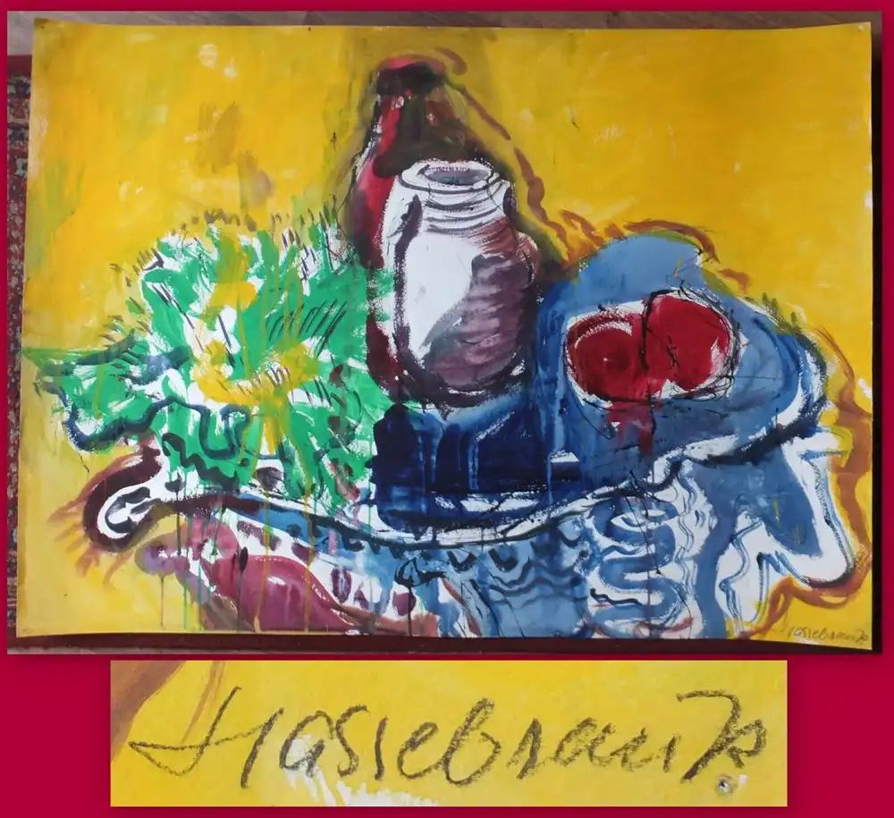 Hassebrauk, Ernst Stillleben auf Gelb Gouache 1957 Schätzpreis 100x74cm 0