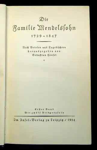 Hensel Die Familie Mendelssohn 1924 2 Bde. Belletristik Klassiker Romane mb