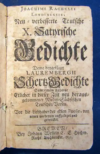Joachimi Rachelii. Satyrische Gedichte und Schertz Gedichte 1707 Belletristik sf