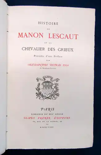 Abbé Histoire de Manon Lescaut et du Chevalier des Grieux 1875 Belletristik sf