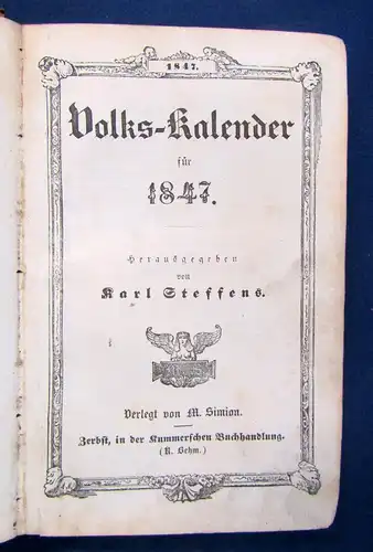 Stefens Karl Volks-Kalender für 1847 illustriert Kalendarium Geschichte js