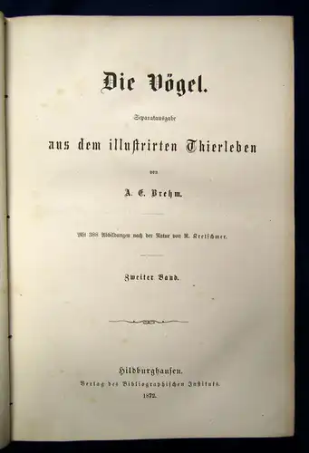 Brehm Die Vögel Seperatausgabe aus dem illustriertem Thierleben 2.Bd 1872 js