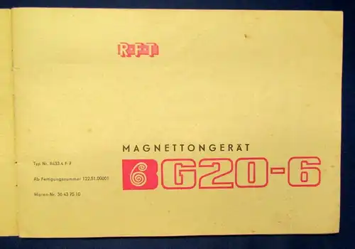 RFT Magnettongerät G20-6 Bedienungsanleitung 1963 selten Technik Wissen js