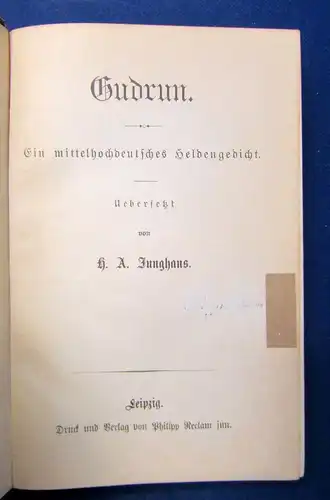 Junghans Gudrun Ein mittelhochdeutsches Heldengedicht o.J. um 1895 Lyrik js