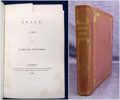 Rogers Italy. A Poem. 1830 Einbandkunst Handeinband Erstausgabe Gedichte sf