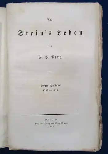 Pertz Aus Stein's Leben Erste Hälfte 1757- 1814 Klassiker Literatur Lyrik js