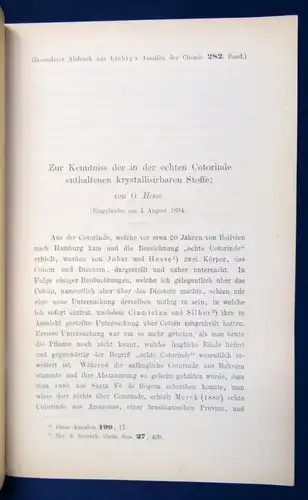 Hesse Justus Liebigs Analen der Chemie Besonderer Abdruck o.J. um 1895  js