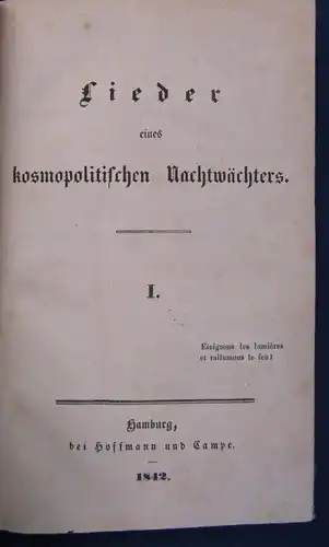 Lieder eines kosmopolitischen Nachtwächters Teil 1 1842 EA Marmor. Ppbd  js