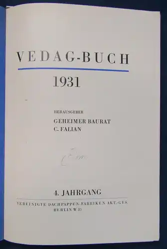 Baurat Falian Veda- Buch 1931 Bauwesen Ingenieurskunst Wissen Studium js