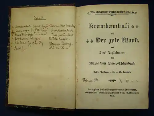 Wiesbadener Volksbücher Nr. 12 "Krambambuli & Der gute Mond" 1903 Klassiker sf