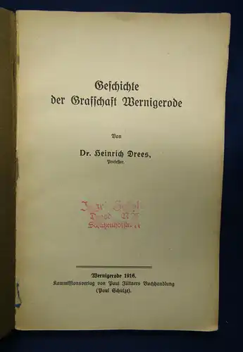 Drees Geschichte der Grafschaft Wernigerode 1916 Ortskunde Landeskunde sf