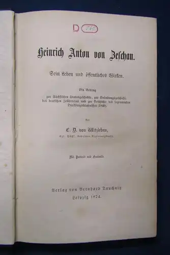 Witzleben Heinrich Anton von Zeschau 1874,  1. & einzige Biografie  selten js