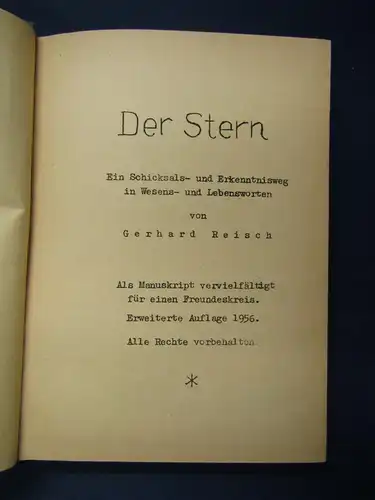 Reisch Der Stern Manuskript-Druck sehr selten mit Widmung d. Verfassers 1956 js