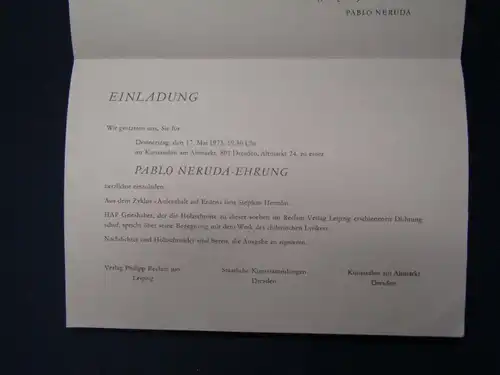 Original Einladung Pablo Neruda - Ehrung 1973 mit original Holzschnitt sf