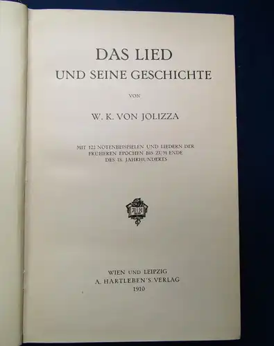 Jolizza Das Lied und seine Geschichte 1910 122 Notenbeispiele frühere Epochen js