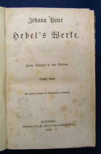 Johann Peter Hebel's Werke 3 Bde 1853 Klassiker Belletristik Weltliteratur sf