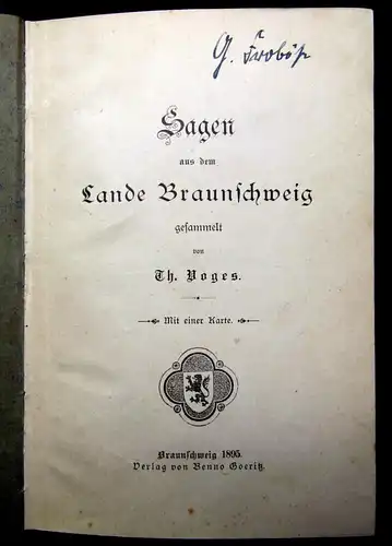 Voges Sagen aus dem Lande Braunschweig 1895 Mit 1 Karte Ortskunde Landeskunde js