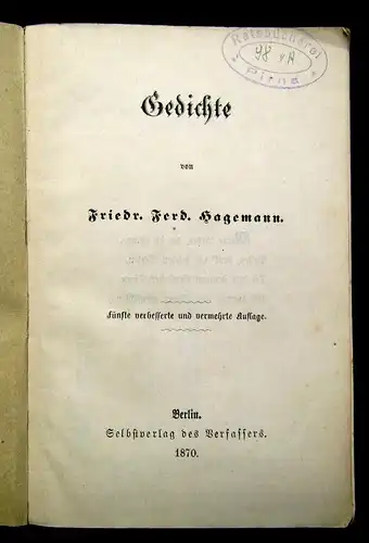 Hagemann Gedichte 1870 Belletristik Literatur Sprache js