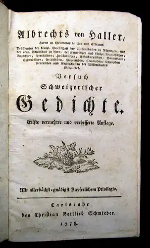 Albrechts von Haller Versuch schweizerische Gedichte 1778  js
