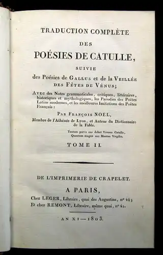 Noel Traduction Complete Des Poesies De Catulle, Suive des Poesies 2 Bde. 1803 j