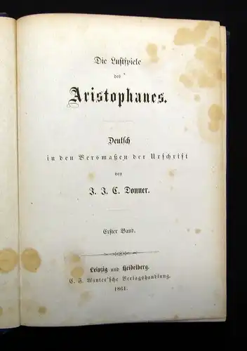 Donner Die Lustspiele des Aristophanes 1861 2 Bde. Deutsch in den Versmaßen js