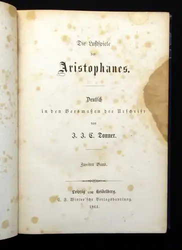 Donner Die Lustspiele des Aristophanes 1861 2 Bde. Deutsch in den Versmaßen js