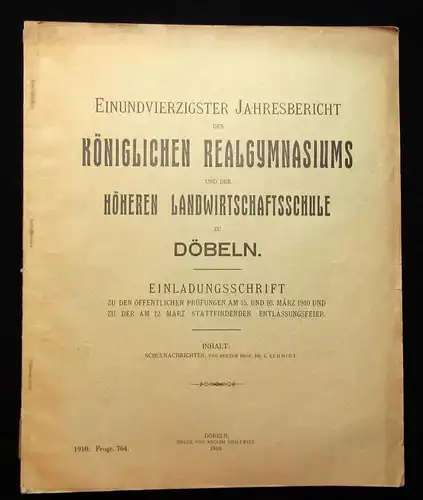 41.Jahresbericht des Kgl. Realgymnasiums zu Döbeln Einladungsschrift 1910 js